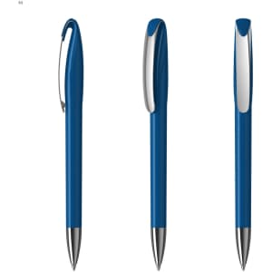 A blue plastic pen with a silver clip and tip, shown from three different angles. The pen features a sleek design and branding.