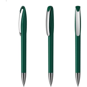 Three green plastic pens with silver accents, featuring a clip and a smooth barrel design.