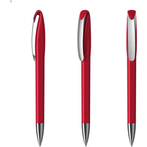 A red plastic pen with a sleek design and a shiny silver clip, showcased in three different angles.