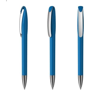 A blue plastic pen with a silver accent, displayed from three different angles. It features a clip for easy attachment.