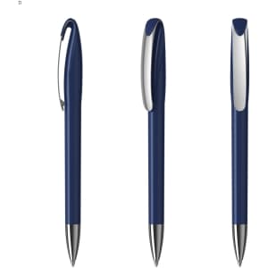 A set of blue plastic pens with a silver clip, displaying three different angles. Each pen features a smooth design.
