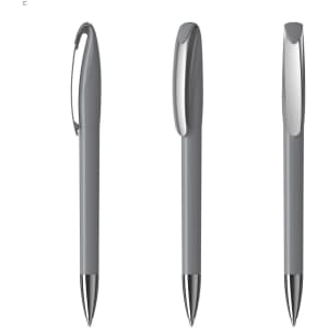 A set of grey plastic pens featuring a sleek design and metallic accents. Each pen has a clip and a smooth finish.