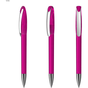 A set of three pink plastic pens with shiny silver accents and clip. Each pen features a transparent design.