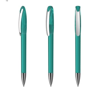 A transparent turquoise pen with a clip, showcasing three different angles. It features a silver-tone tip.