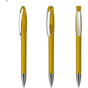 A transparent yellow plastic pen with a silver clip and a sleek design. It has a logo on the side.
