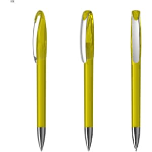 Transparent yellow plastic pen with a silver clip, displayed from multiple angles.