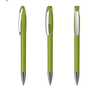 A green plastic pen with a transparent body and silver clip, displayed from multiple angles.