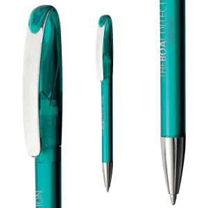A transparent teal ballpoint pen with a silver clip, featuring a logo.