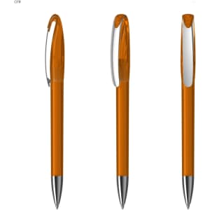 An orange plastic pen with a glossy finish and silver accents, featuring a clip on one side.
