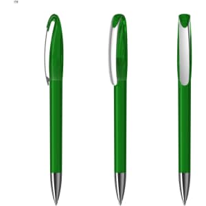 A green plastic pen with a transparent body and a silver clip, displayed from three different angles.