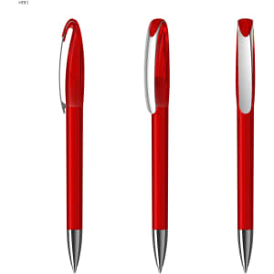 A red plastic pen with a transparent body, featuring a silver clip and tip. The pen is displayed from multiple angles.