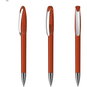 A transparent orange pen with a chrome clip, featuring a sleek design and a silver-toned tip.