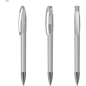 A set of transparent plastic pens with black ink and a clip, displayed from different angles. Each pen has a sleek design.