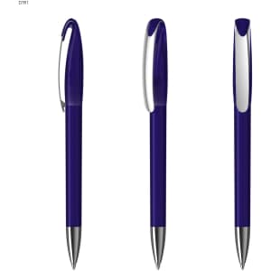 A blue transparent plastic pen with a silver clip, displayed from three angles. It features a sleek design.