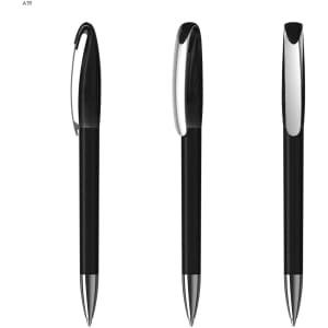 A black plastic pen with a shiny silver clip, shown from three different angles. It has a logo on the clip.