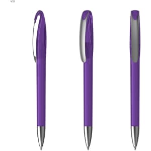 A purple plastic pen with a silver clip, featuring a transparent body. The design includes a rounded tip for writing.