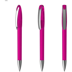 A plastic pen in vibrant pink with a silver clip and nib. The pen is shown from multiple angles.