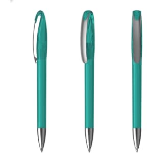 A set of three turquoise plastic pens with silver accents and clips, featuring a rounded top design.