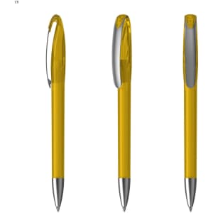A yellow plastic pen with a transparent body and silver accents, featuring a clip and ballpoint tip. It has a logo.