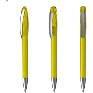 A plastic pen in bright yellow with a silver clip and a shiny tip, featuring a logo on its surface.