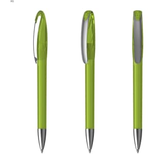 A green plastic pen with a silver clip and tip, displayed from three angles. It features a logo.