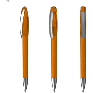 An orange plastic pen with a silver clip, displayed from three angles, featuring a sleek design.