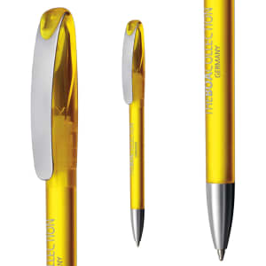 A yellow plastic pen with a silver clip and a branded logo, highlighted from different angles.