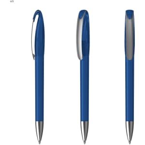 A set of three blue plastic pens with a silver clip and tip, featuring a sleek design and branding.