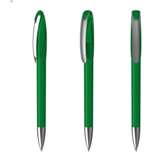 A set of green plastic pens showcasing different angles, featuring a clip and a silver-toned tip.