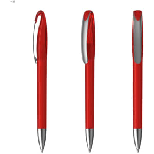 A bright red plastic pen with a silver clip and tip, displayed from three different angles.