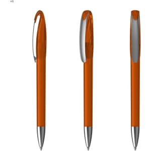 An orange plastic pen with a silver clip, featuring a smooth design and a glossy finish. It has a logo on its body.