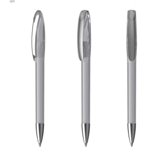 A plastic pen in grey with a silver clip and detailing, featuring a smooth, sleek design.
