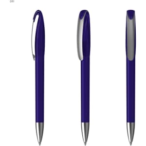 A set of purple plastic pens with silver accents and a clip, featuring a sleek design.