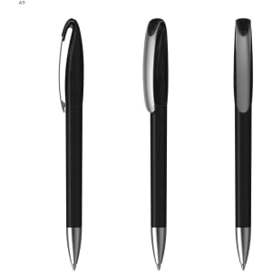A set of black plastic pens with chrome accents, featuring a sleek design and a clip on the side.