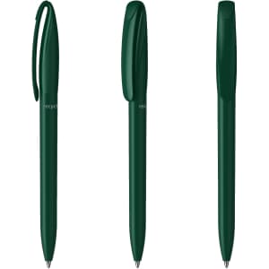 A green plastic pen with a sleek design, featuring a clip and rounded top. The pen has a logo on its side.