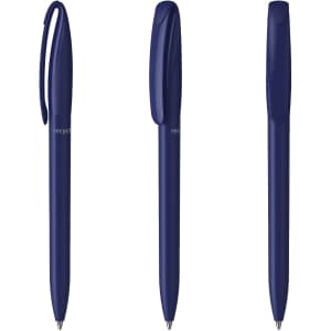 A set of navy blue plastic pens, featuring smooth designs and clips. Includes three different angles of the pens.