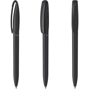A set of three black plastic pens with a sleek design, featuring a clip and a branding logo.