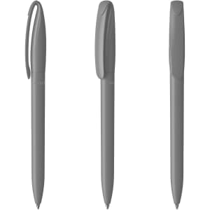 A set of three grey plastic pens with a sleek design and a logo present on the barrel.
