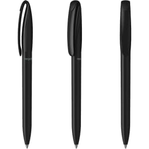 Three black plastic pens arranged in different angles, displaying a sleek design and a clip on the cap.