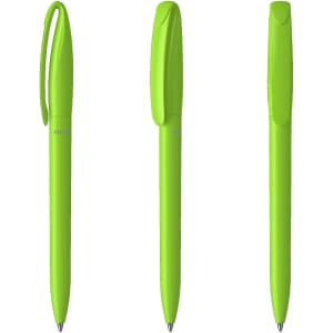 Three vibrant green plastic pens with a sleek design and a clip at the top. Each pen features a smooth finish.