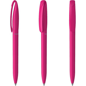 A set of three pink plastic pens with smooth designs and a recycling logo on the side.