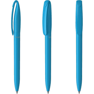 Three blue plastic pens displayed from different angles, featuring a sleek design and a branding logo.
