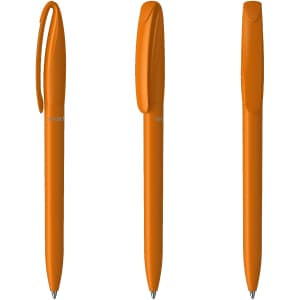 Three plastic pens in bright orange, with a sleek design and clip, featuring a logo on the side.