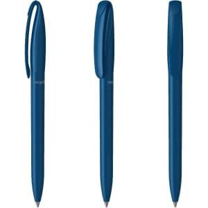 A set of blue plastic pens with a sleek design and a logo on the barrel.