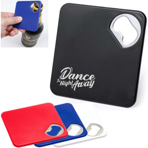 A drink bottle opener coaster in black, featuring a metallic opener and available in red, blue, and white options.