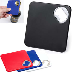 A drink bottle opener coaster in black, red, blue, and white, featuring a built-in metal bottle opener.