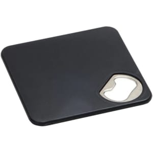 A drink bottle opener coaster in black, featuring a metallic bottle opener cutout and a sleek design.