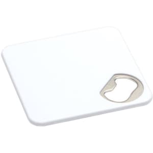 A drink bottle opener coaster in white featuring a metallic bottle opener cutout. It includes a logo.