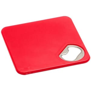 A red square coaster with a built-in bottle opener in one corner. It features a logo.