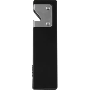 A drink bottle opener featuring a sleek black body and a silver metal opening mechanism. Includes a branding logo.